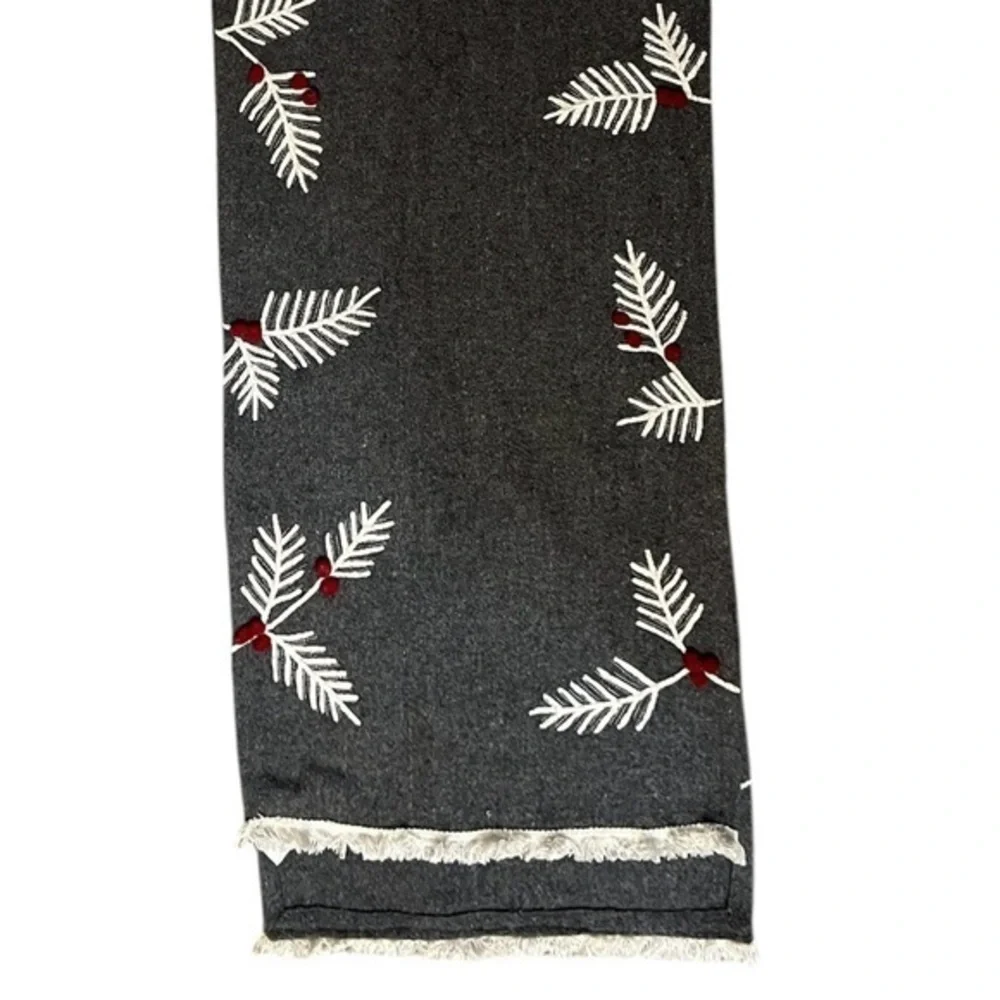 House & Garden Gray Wool Blend Holiday Table Runner w/ Boughs & Red Berries